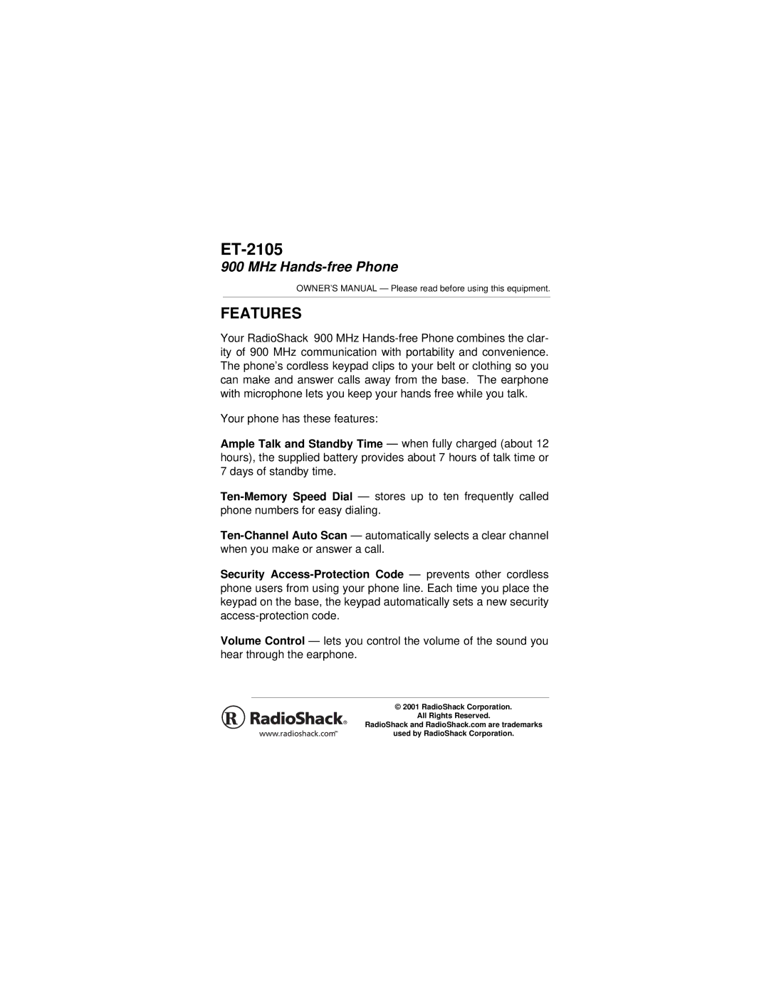 Radio Shack ET-2105 manual Features 