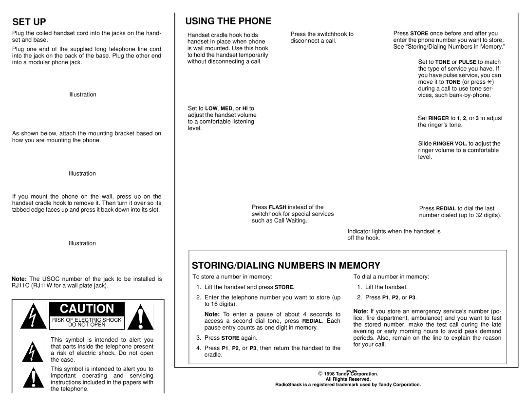 Radio Shack ET-212 owner manual Set Up, Using the Phone, STORING/DIALING Numbers in Memory 