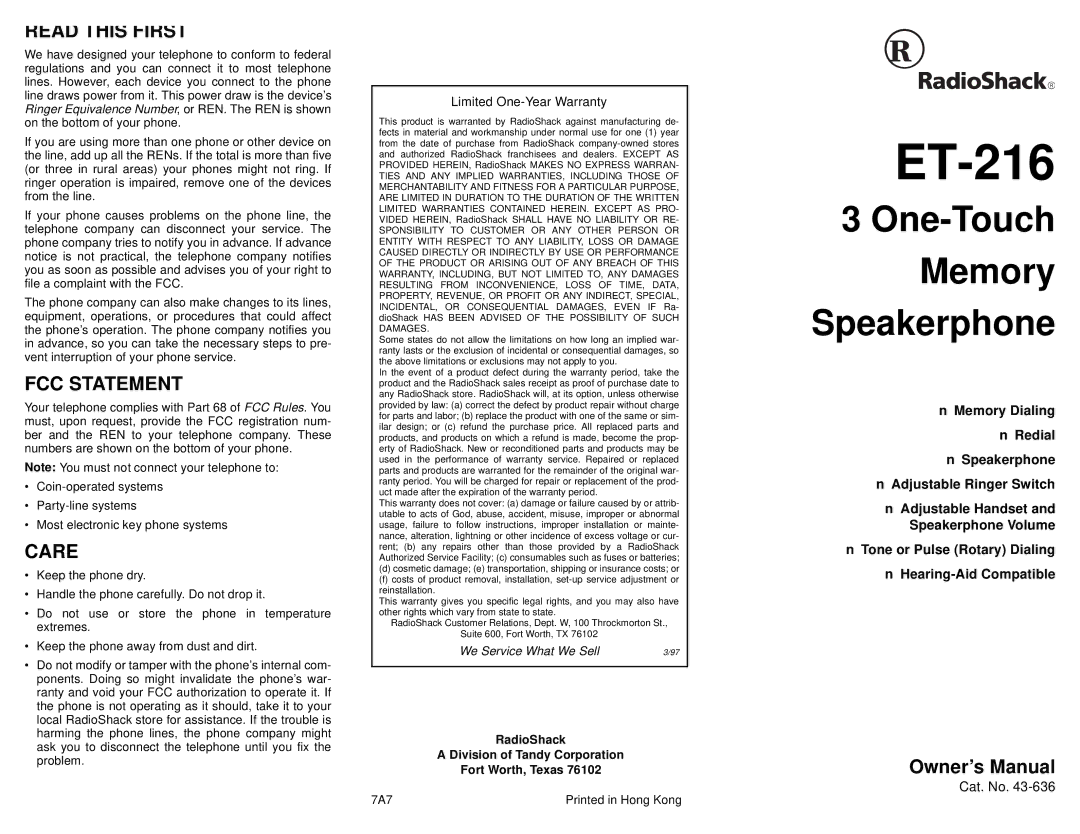 Radio Shack ET-216 owner manual One-Touch Memory Speakerphone, Read this First, FCC Statement, Care 