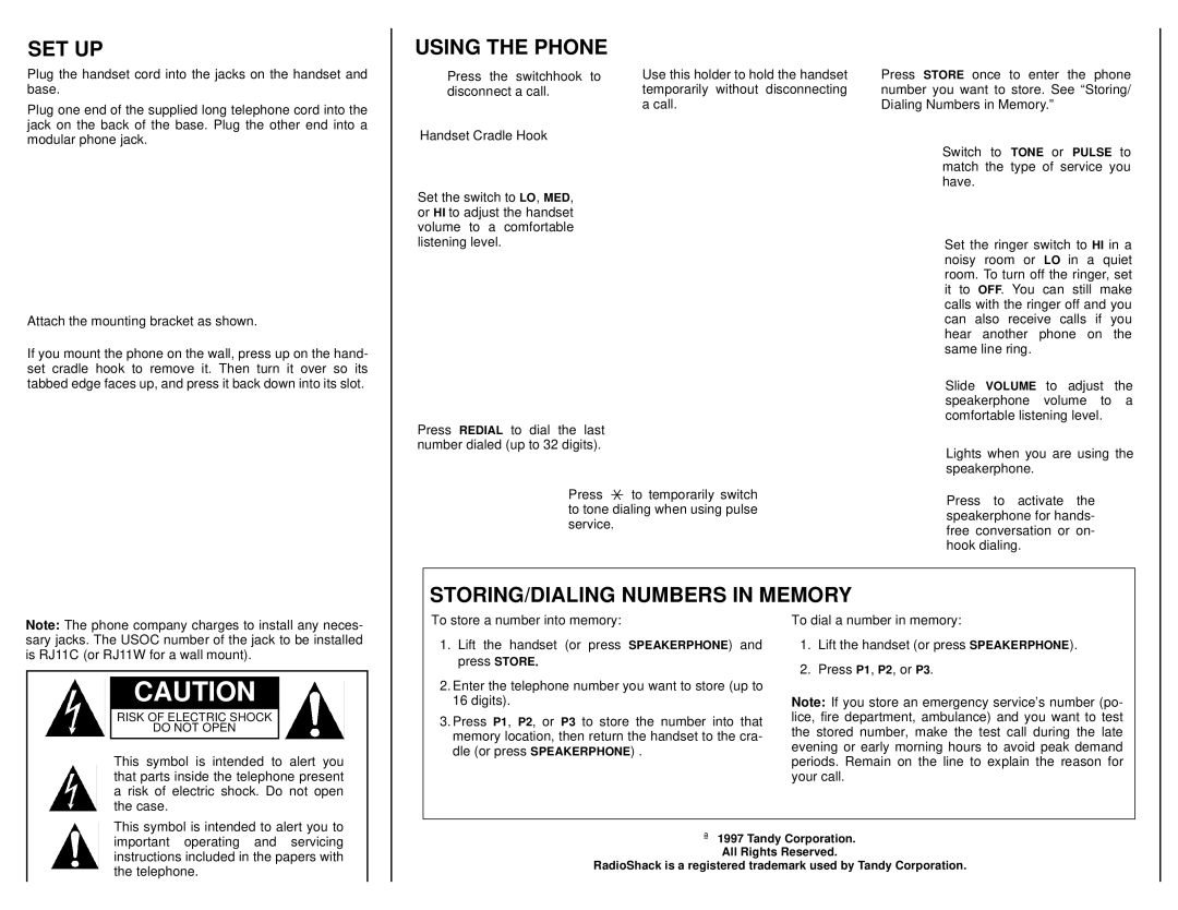 Radio Shack ET-216 owner manual Set Up, Using the Phone, STORING/DIALING Numbers in Memory 