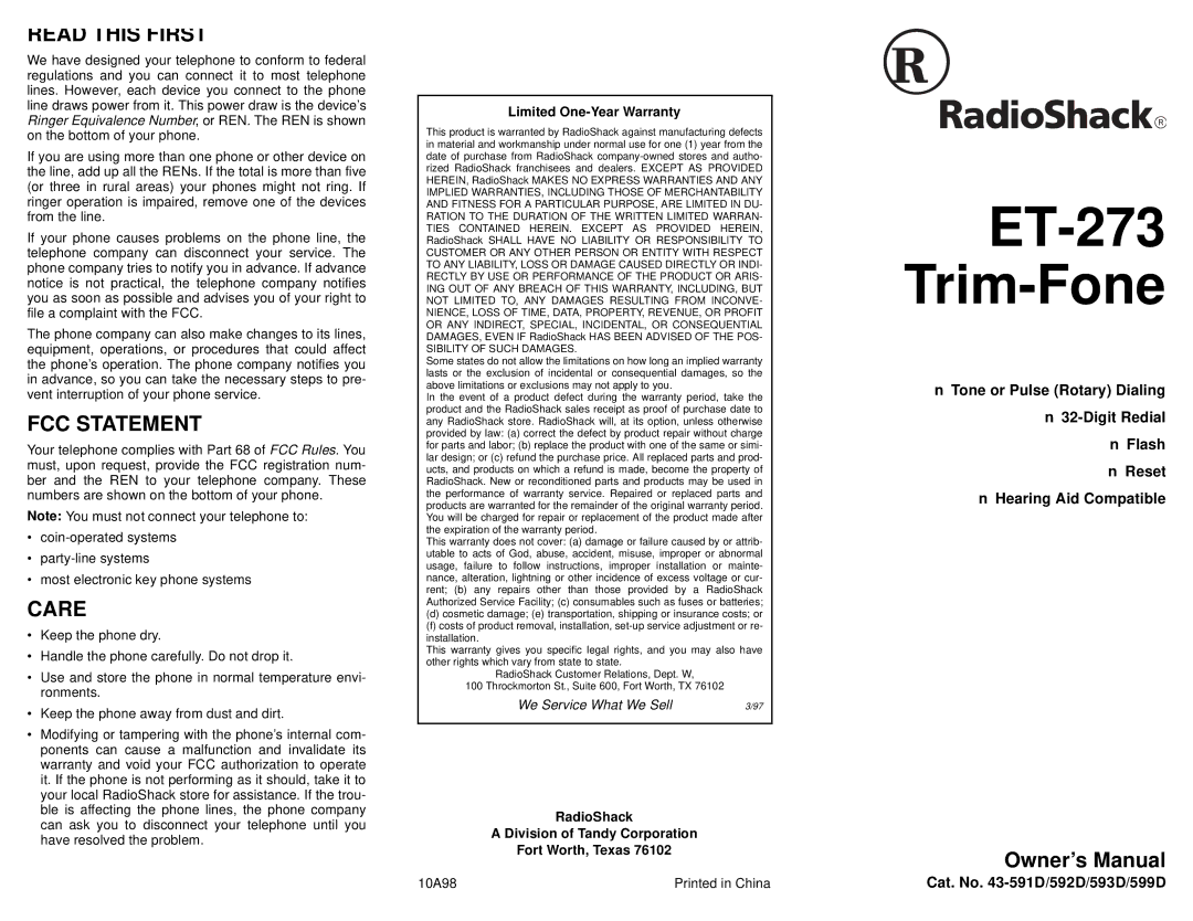 Radio Shack owner manual ET-273 Trim-Fone, Read this First, FCC Statement, Care 