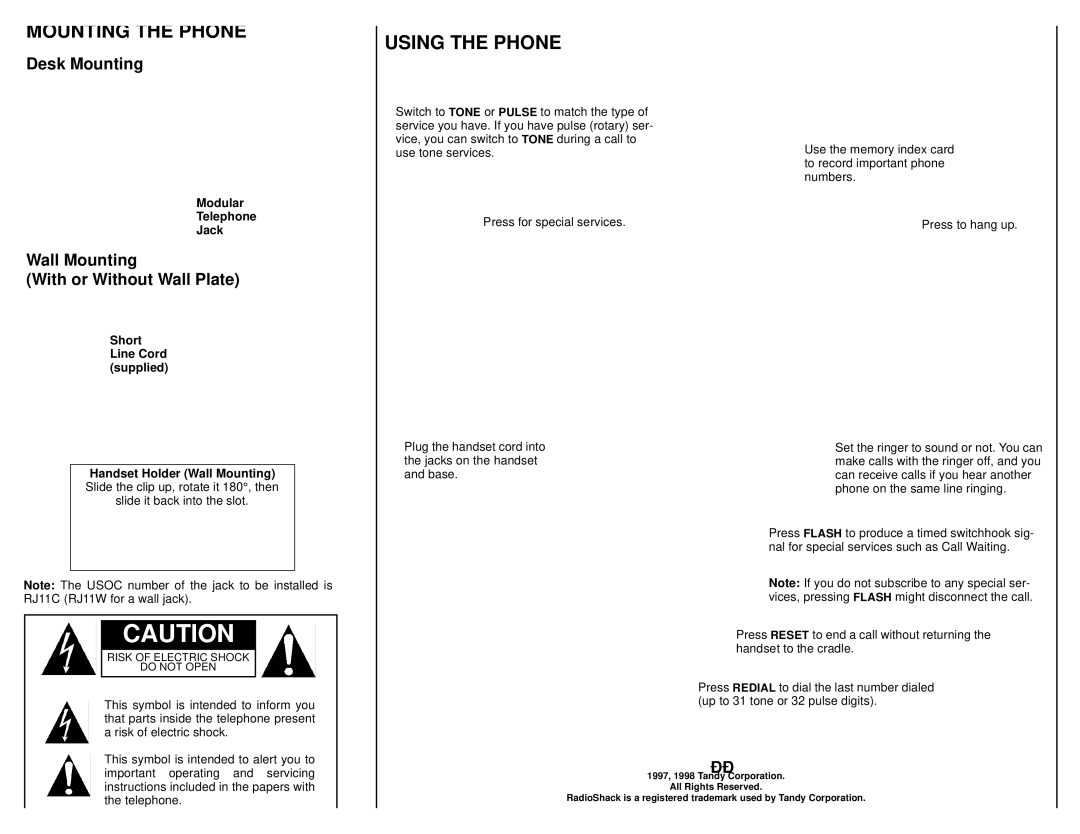 Radio Shack ET-273 owner manual Mounting the Phone, Using the Phone, Modular Telephone Jack, Short Line Cord supplied 