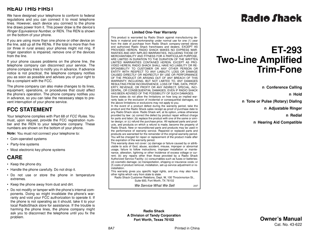 Radio Shack owner manual ET-293 Two-Line Amplified Trim-Fone, Read this First, FCC Statement, Care 