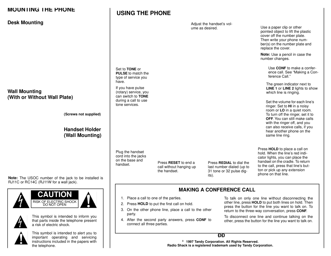 Radio Shack ET-293 owner manual Mounting the Phone, Using the Phone, Making a Conference Call 