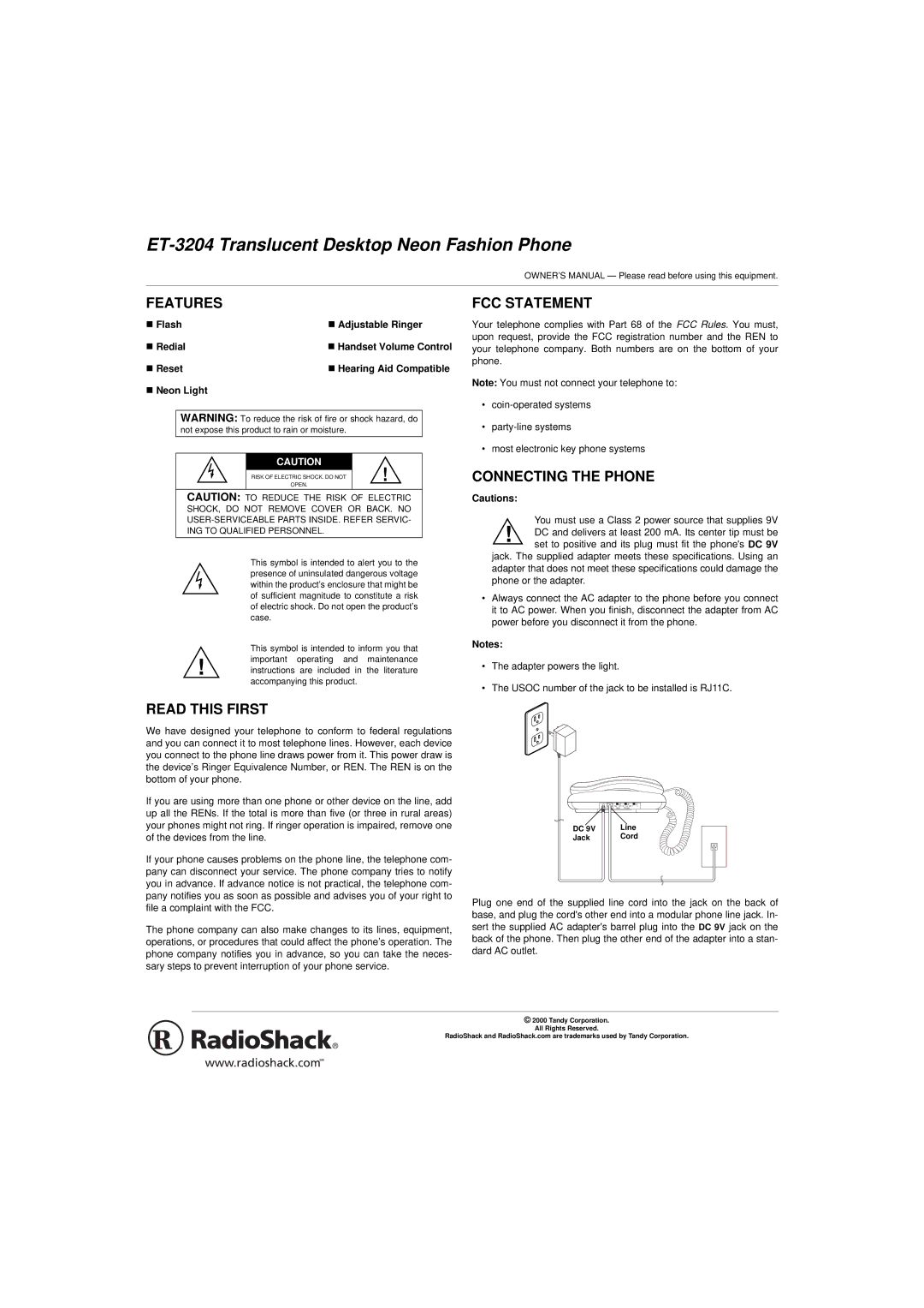 Radio Shack owner manual ET-3204 Translucent Desktop Neon Fashion Phone, Features, Read this First, FCC Statement 