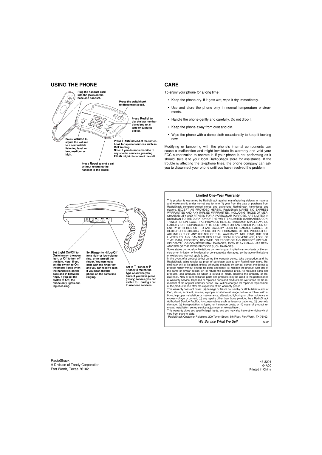 Radio Shack ET-3204 owner manual Using the Phone Care, Limited One-Year Warranty, Set Light On/Off to 