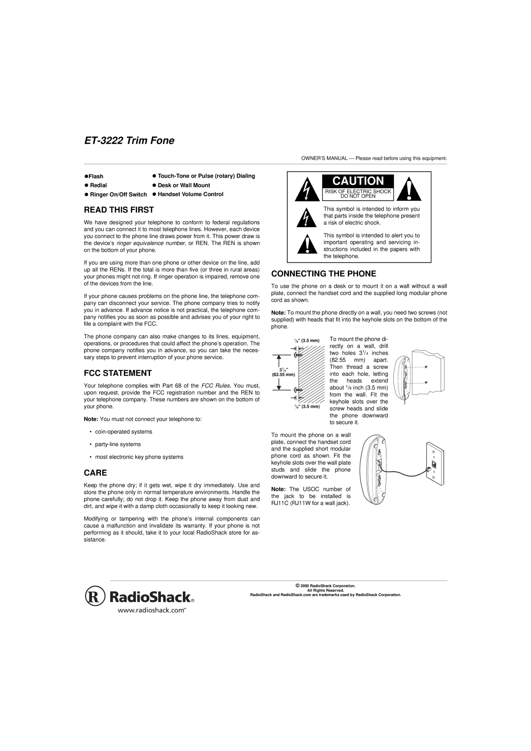 Radio Shack owner manual ET-3222 Trim Fone, Read this First, Connecting the Phone, FCC Statement, Care 