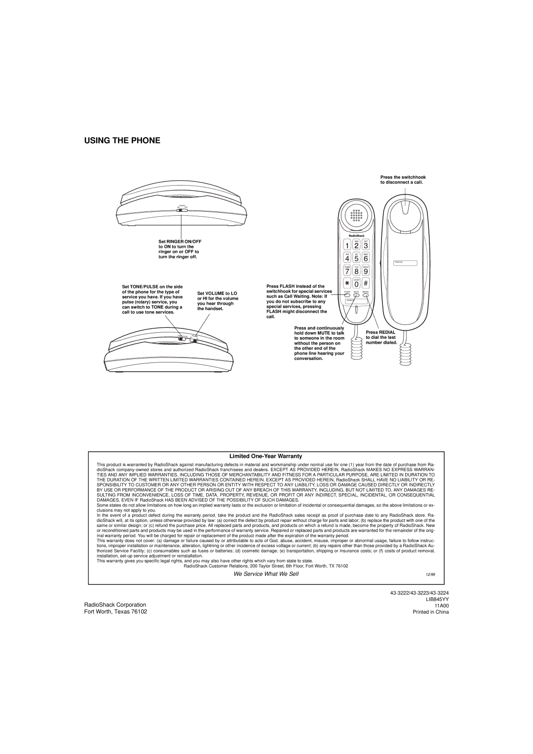 Radio Shack ET-3222 owner manual Using the Phone, Limited One-Year Warranty 