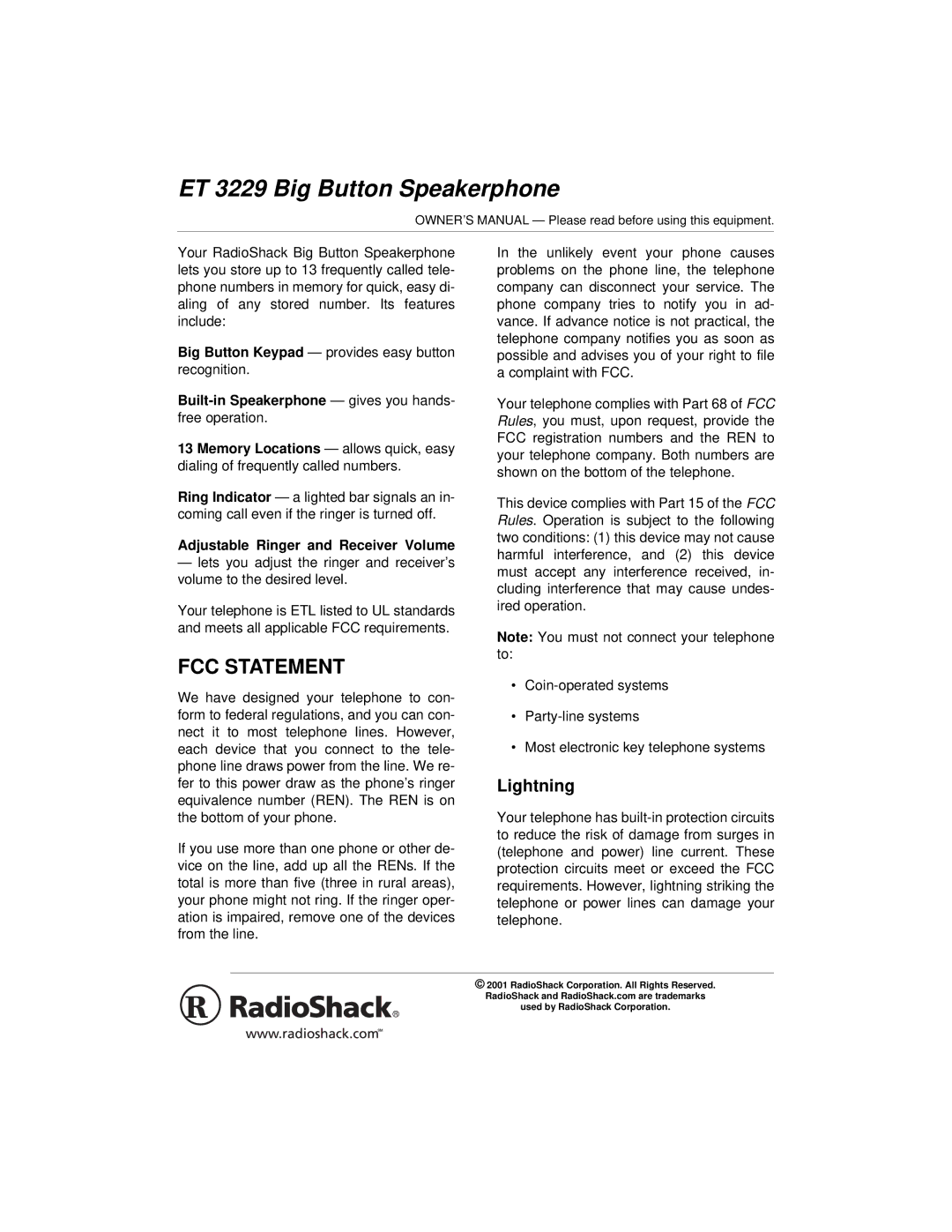 Radio Shack ET 3229 owner manual FCC Statement, Lightning, Adjustable Ringer and Receiver Volume 