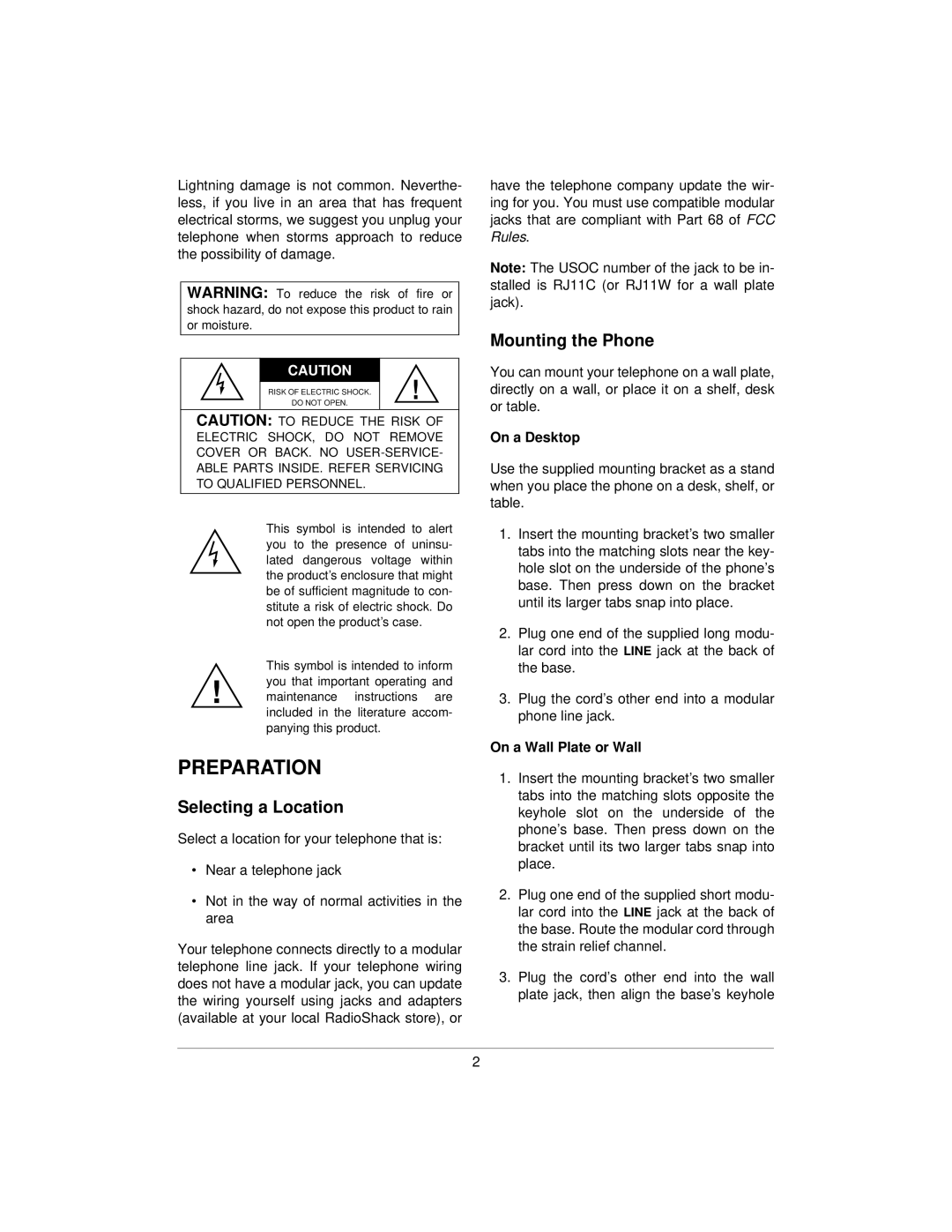 Radio Shack ET 3229 Preparation, Selecting a Location, Mounting the Phone, On a Desktop, On a Wall Plate or Wall 