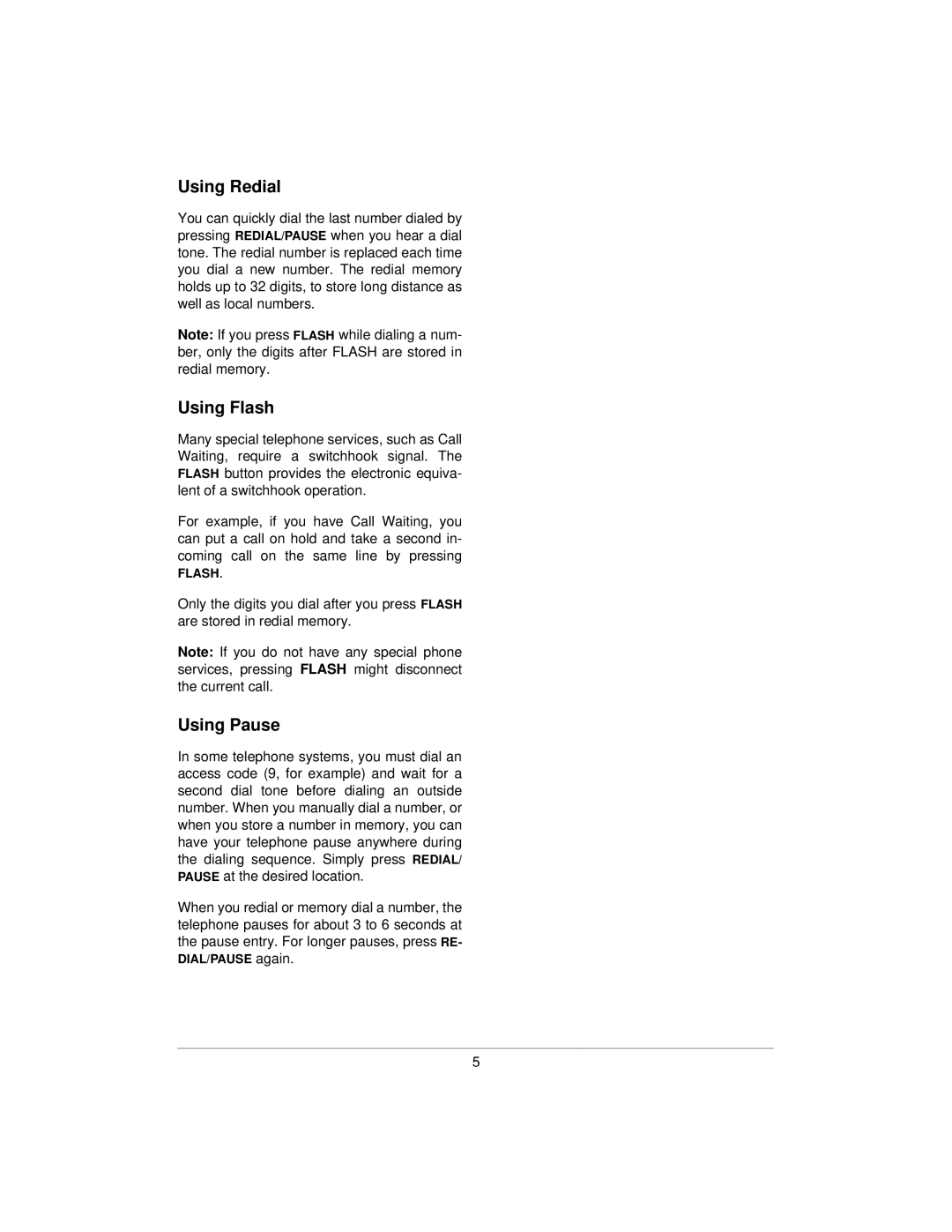 Radio Shack ET 3229 owner manual Using Redial, Using Flash, Using Pause 