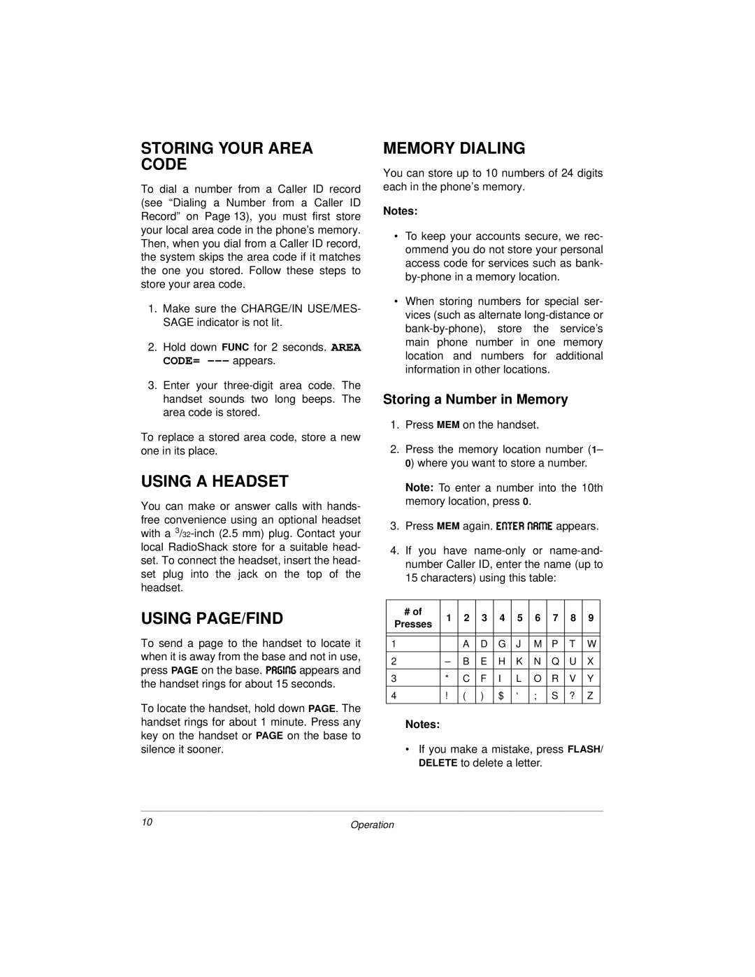 Radio Shack ET-3504 Storing Your Area Code, Using a Headset, Using PAGE/FIND, Memory Dialing, Storing a Number in Memory 