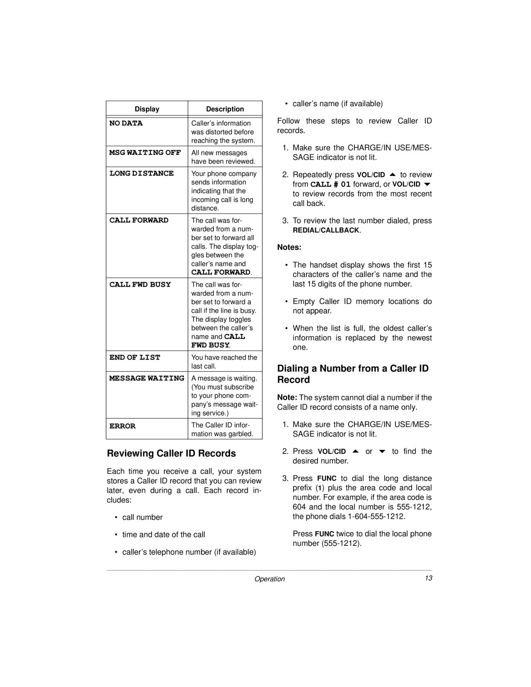 Radio Shack ET-3504 owner manual Reviewing Caller ID Records, Dialing a Number from a Caller ID Record 