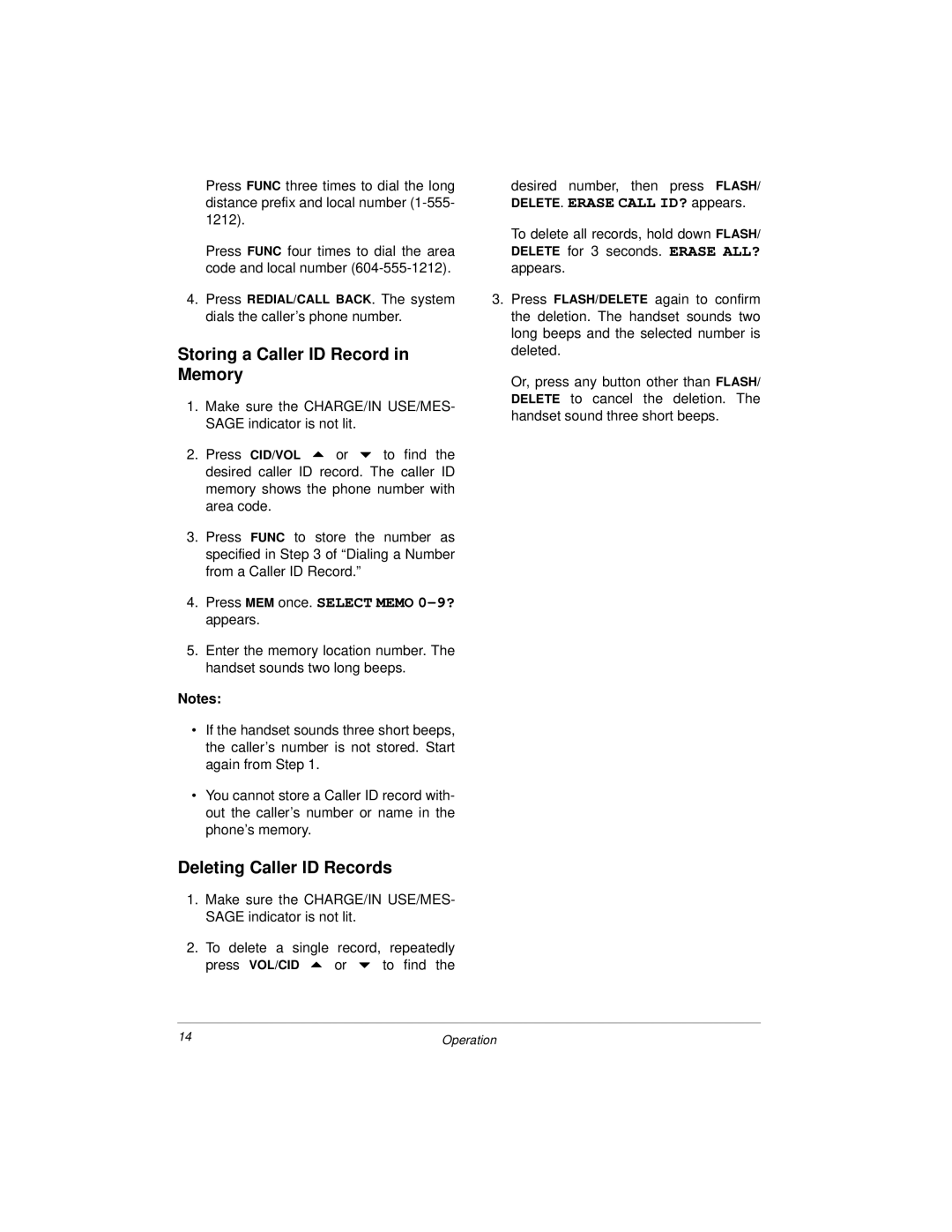 Radio Shack ET-3504 owner manual Storing a Caller ID Record in Memory, Deleting Caller ID Records 