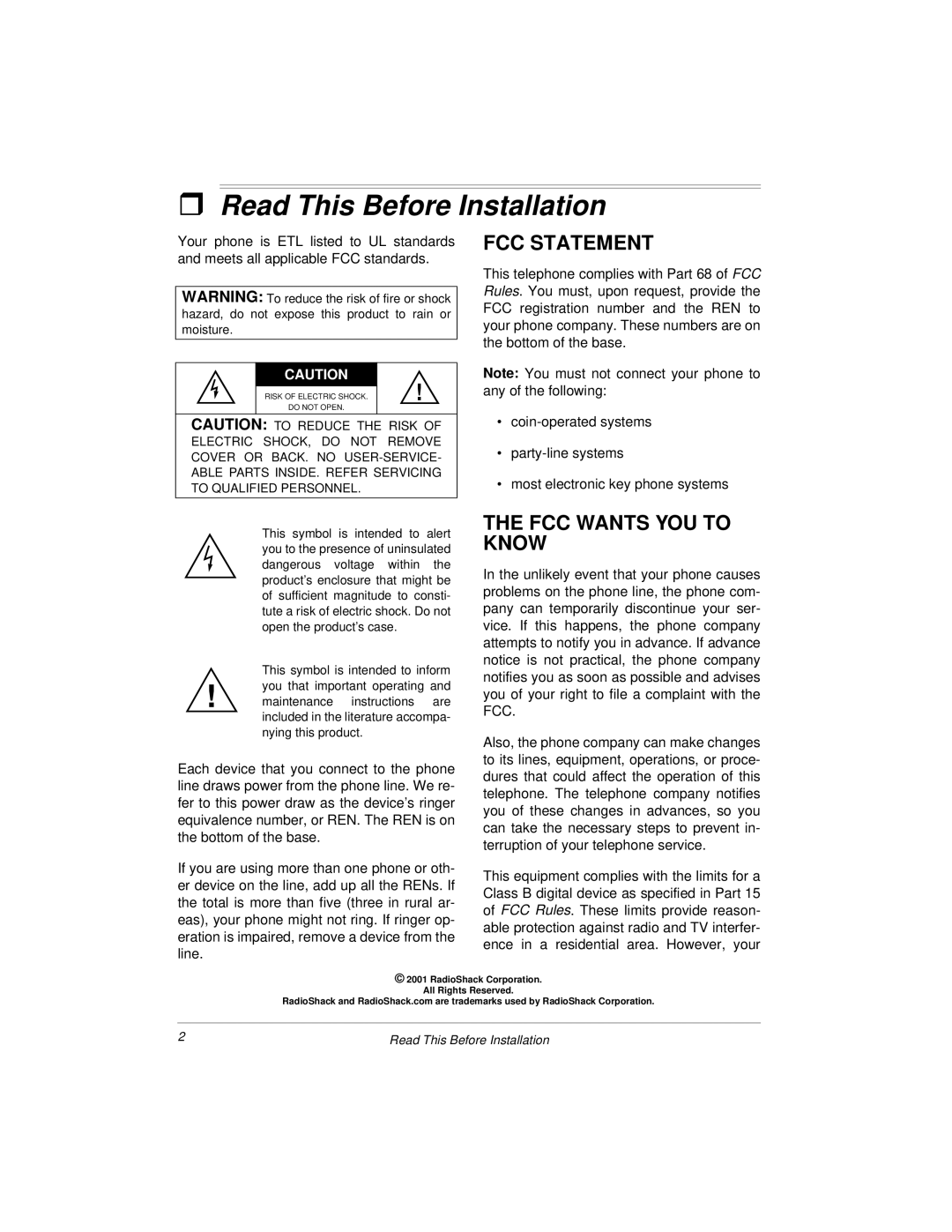 Radio Shack ET-3504 owner manual Read This Before Installation, FCC Statement, FCC Wants YOU to Know 