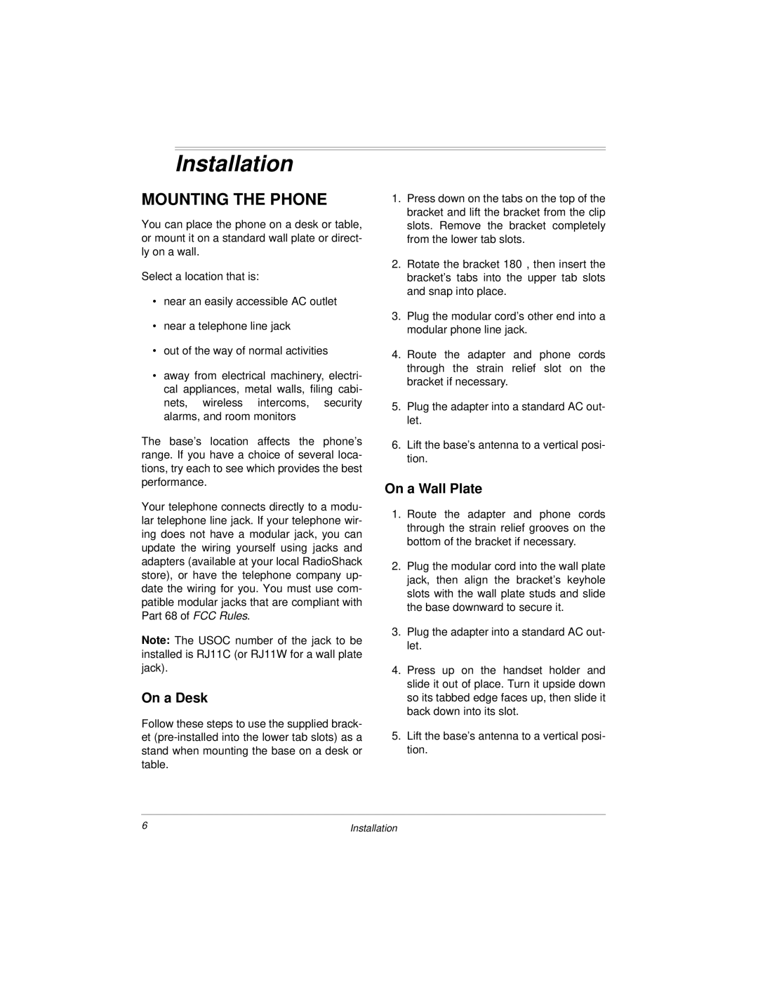 Radio Shack ET-3504 owner manual Installation, Mounting the Phone, On a Desk, On a Wall Plate 