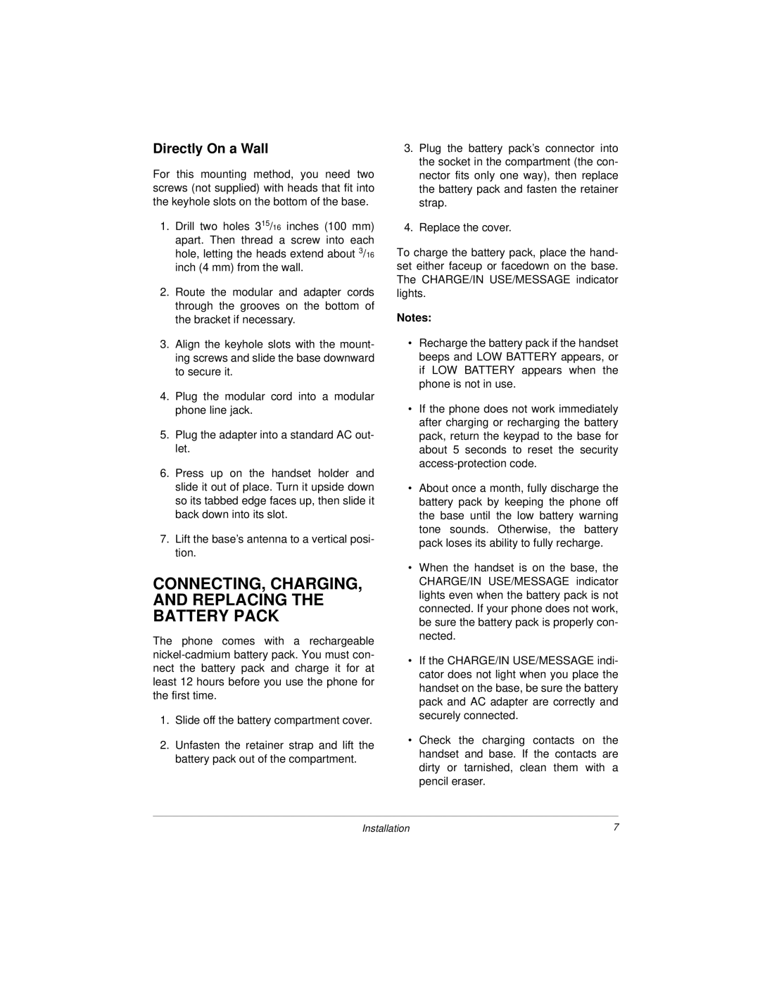 Radio Shack ET-3504 owner manual CONNECTING, CHARGING, and Replacing the Battery Pack, Directly On a Wall 