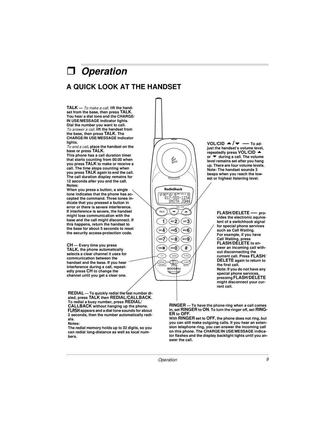 Radio Shack ET-3504 owner manual Operation, Quick Look AT the Handset 