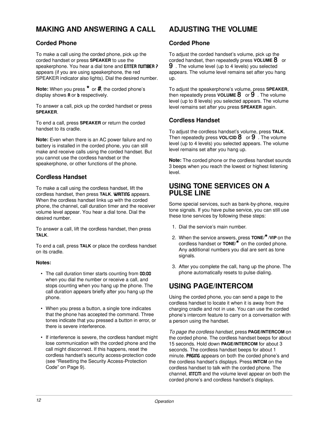 Radio Shack ET-3507 owner manual Making and Answering a Call, Adjusting the Volume, Using Tone Services on a Pulse Line 