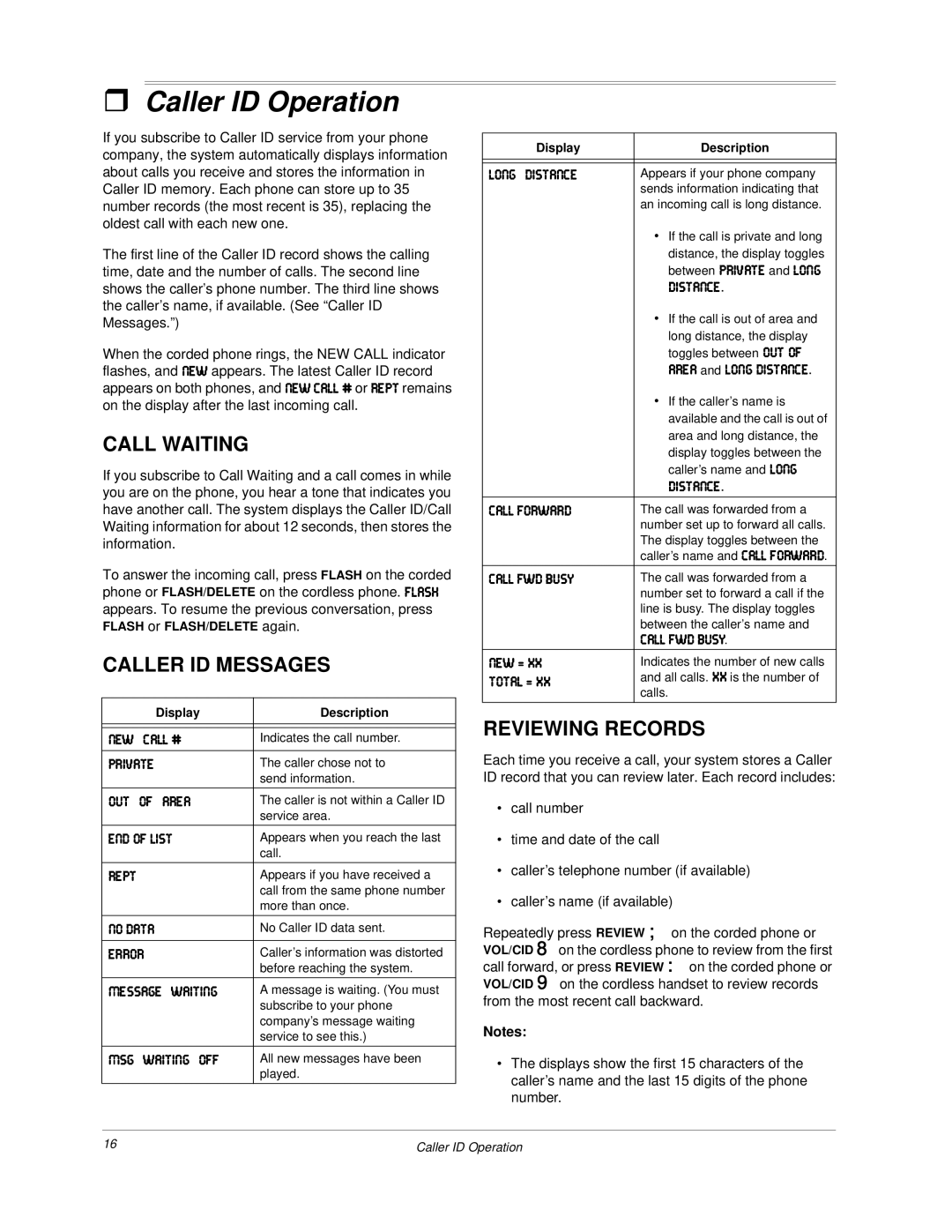 Radio Shack ET-3507 owner manual Caller ID Operation, Call Waiting, Caller ID Messages, Reviewing Records 