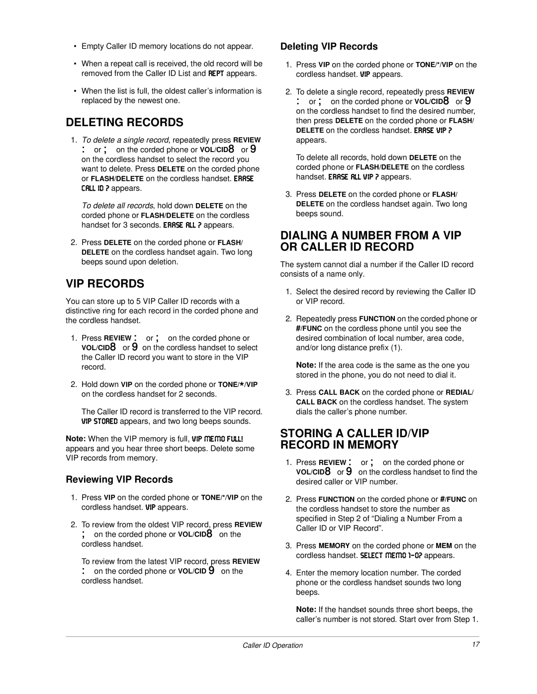 Radio Shack ET-3507 owner manual Deleting Records, VIP Records, Dialing a Number from a VIP or Caller ID Record 