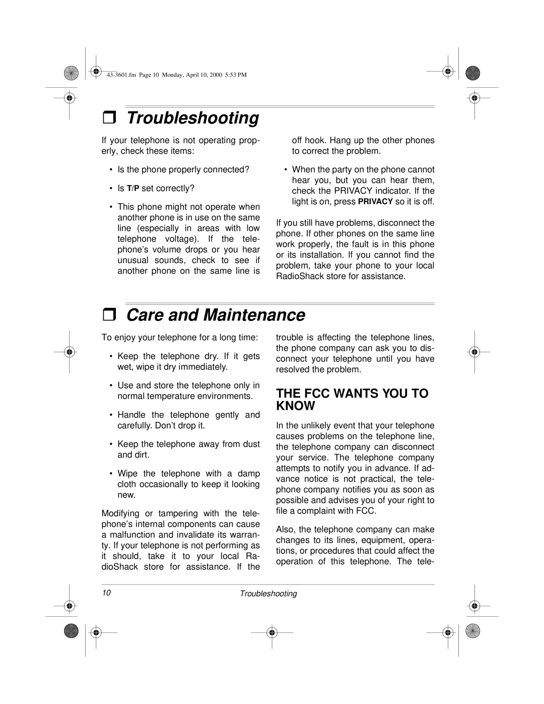 Radio Shack ET-3601, 43-3601 owner manual Troubleshooting, Care and Maintenance, FCC Wants YOU to Know 