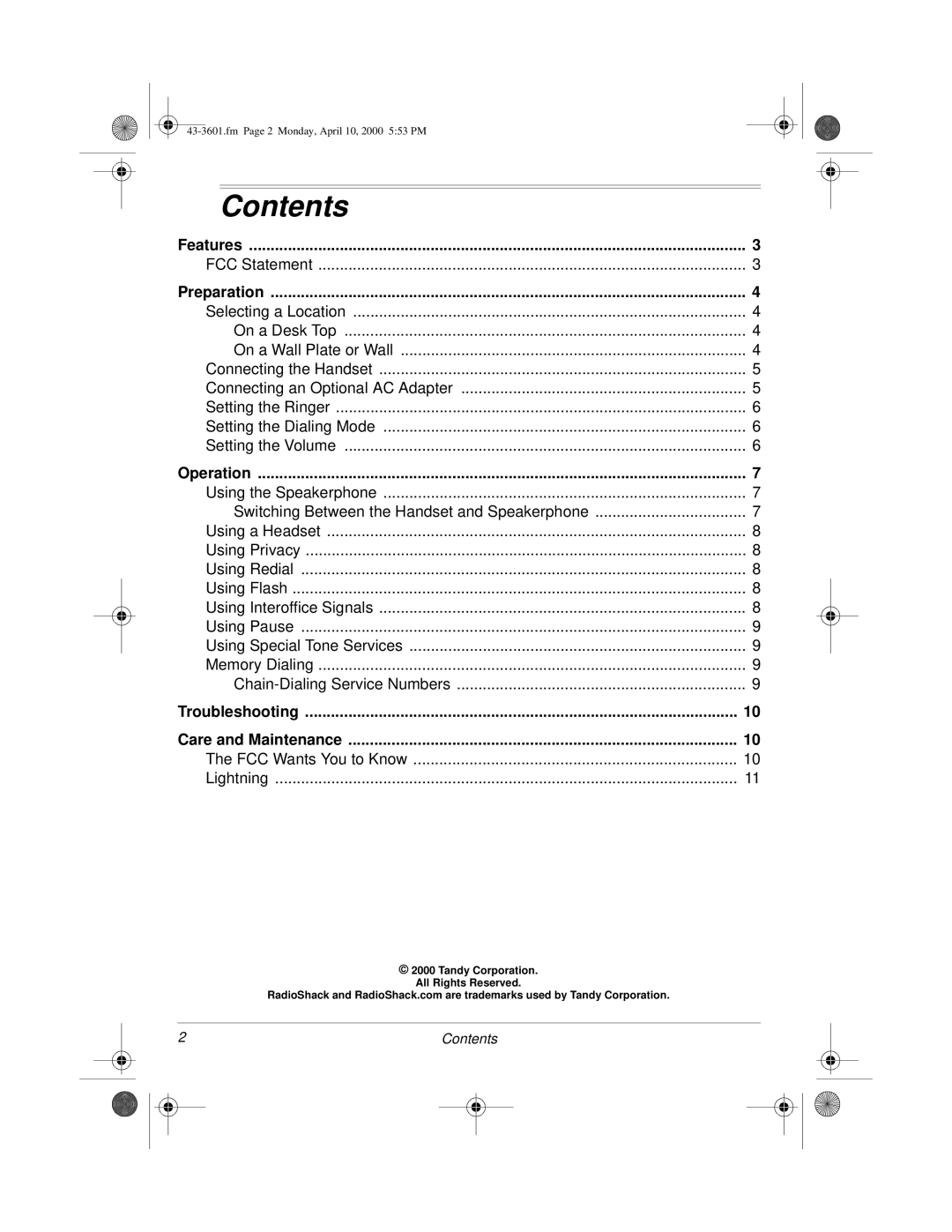 Radio Shack ET-3601, 43-3601 owner manual Contents 