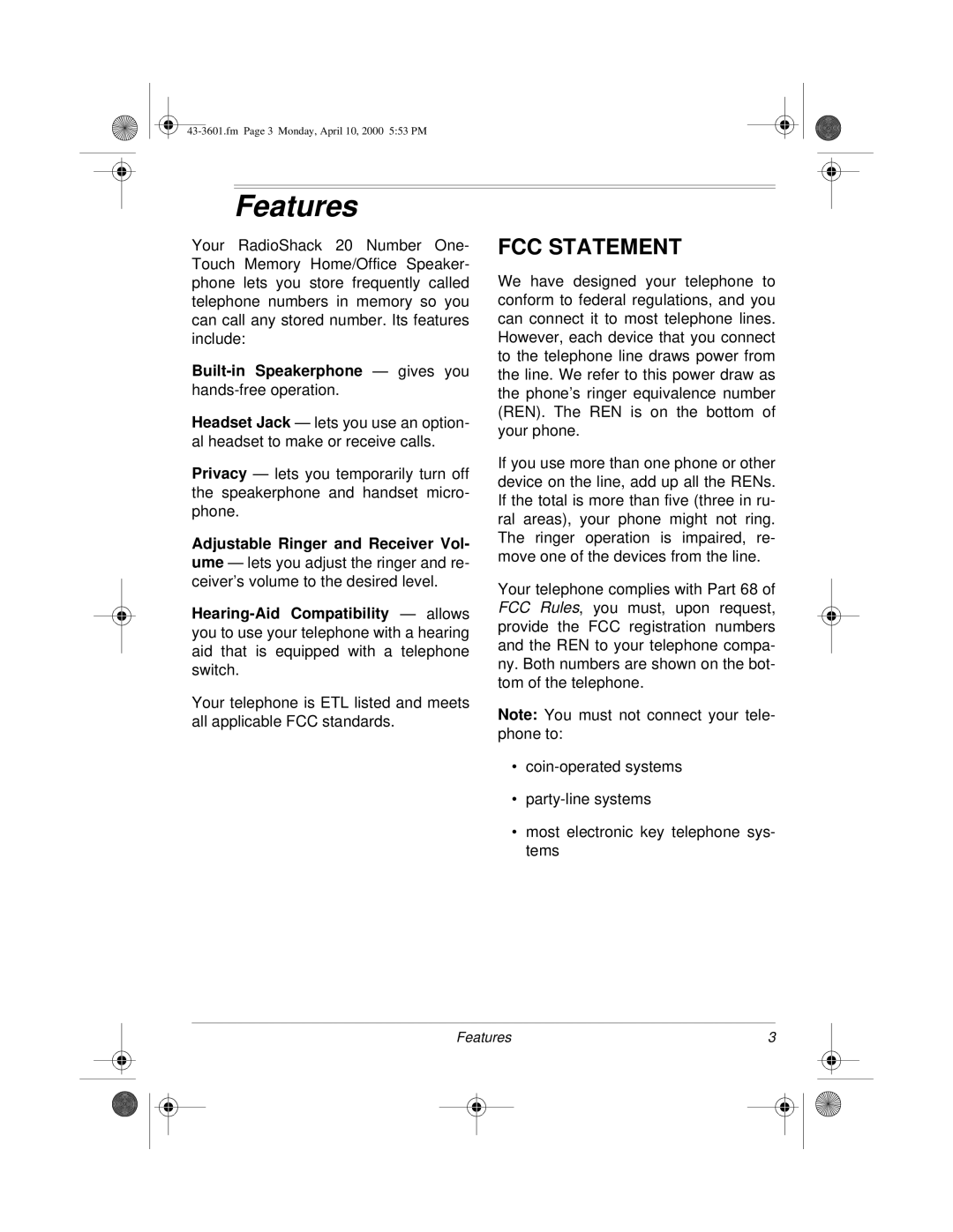 Radio Shack 43-3601, ET-3601 owner manual Features, FCC Statement 