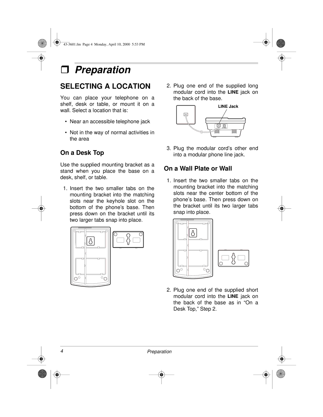 Radio Shack ET-3601, 43-3601 owner manual Preparation, Selecting a Location, On a Desk Top, On a Wall Plate or Wall 