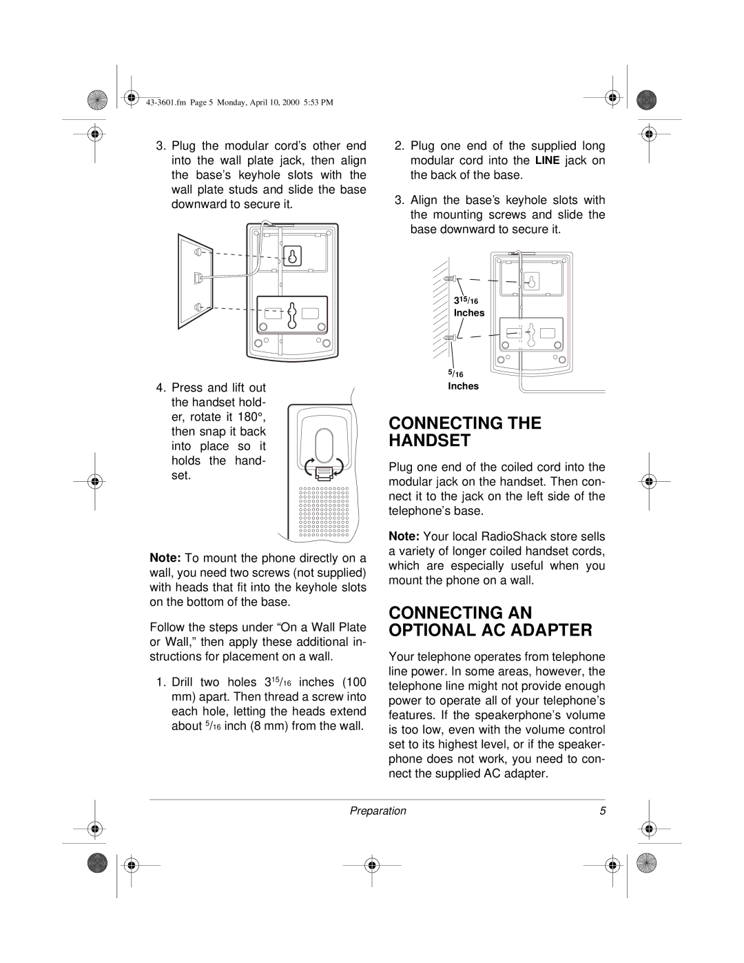 Radio Shack 43-3601, ET-3601 owner manual Connecting Handset, Connecting AN Optional AC Adapter 