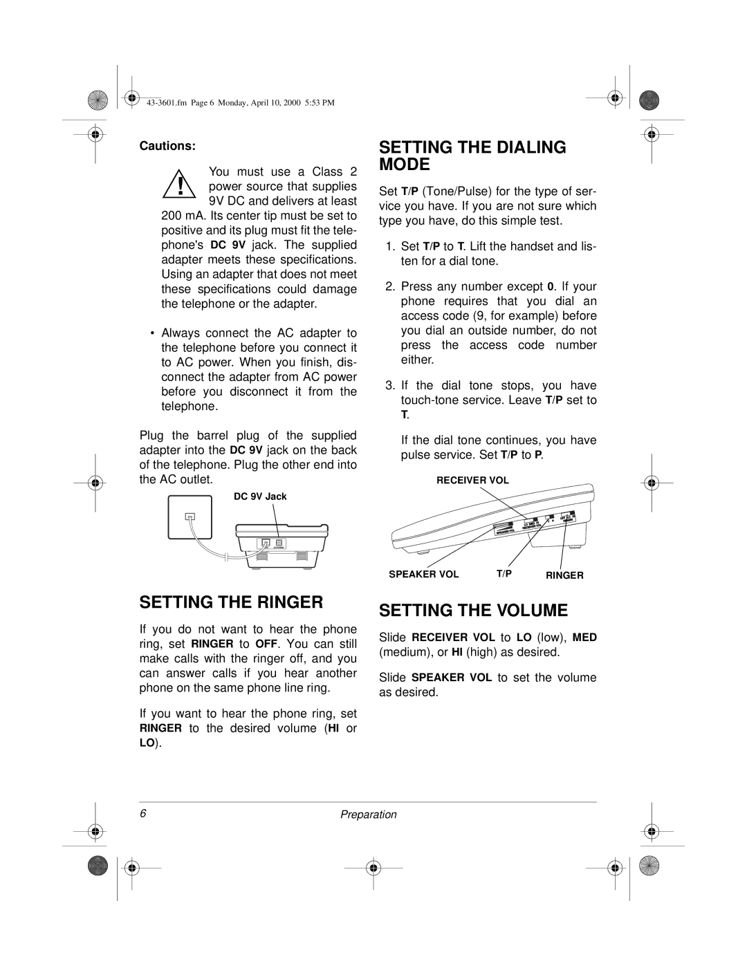 Radio Shack ET-3601, 43-3601 owner manual Setting the Dialing Mode, Setting the Ringer, Setting the Volume 