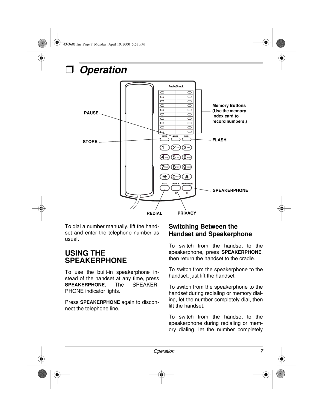 Radio Shack 43-3601, ET-3601 owner manual Operation, Using Speakerphone, Switching Between the Handset and Speakerphone 