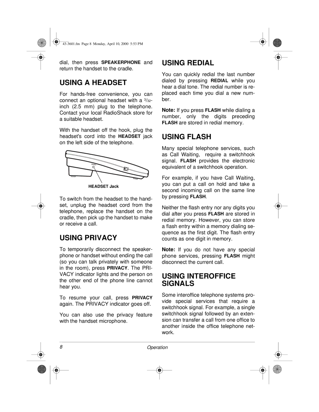 Radio Shack ET-3601, 43-3601 Using a Headset, Using Privacy, Using Redial, Using Flash, Using Interoffice Signals 