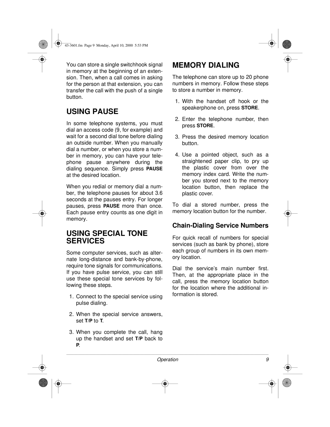 Radio Shack 43-3601, ET-3601 Using Pause, Using Special Tone Services, Memory Dialing, Chain-Dialing Service Numbers 