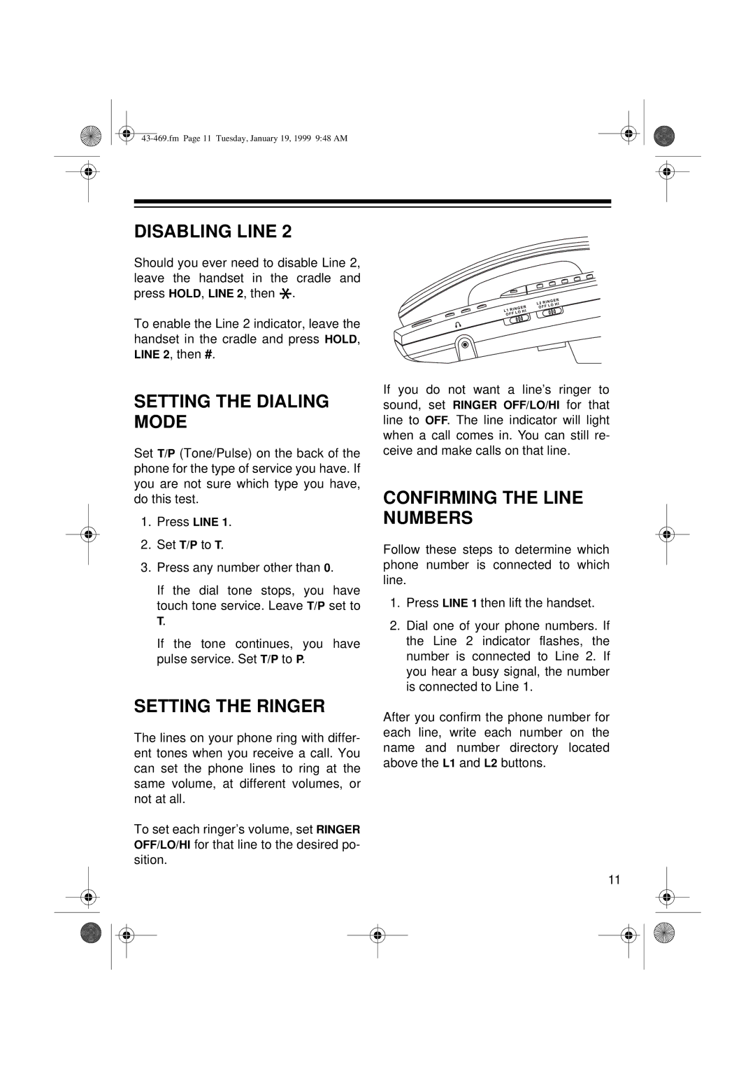 Radio Shack ET-469 owner manual Disabling Line, Setting the Dialing Mode, Setting the Ringer, Confirming the Line Numbers 