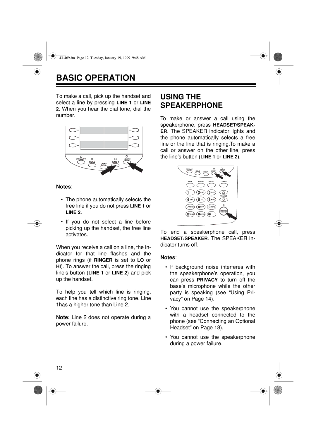 Radio Shack ET-469 owner manual Basic Operation, Using Speakerphone 