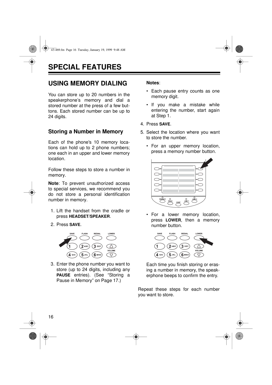 Radio Shack ET-469 owner manual Special Features, Using Memory Dialing, Storing a Number in Memory 