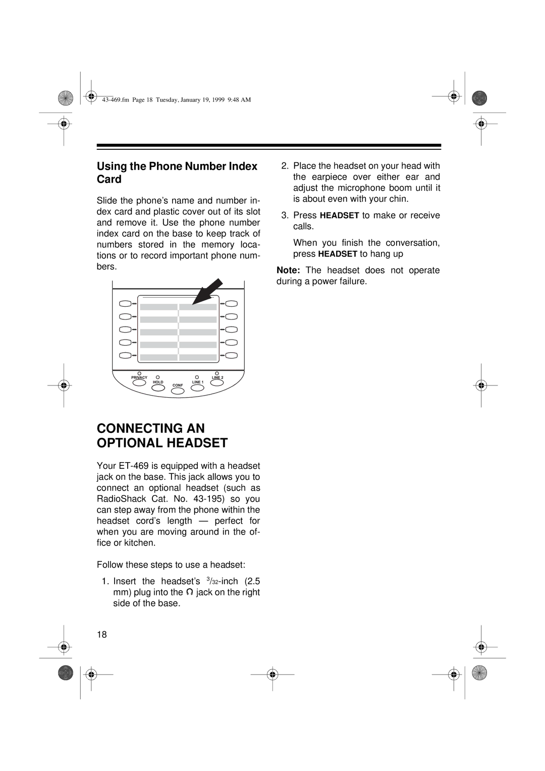 Radio Shack ET-469 owner manual Connecting AN Optional Headset, Using the Phone Number Index Card 