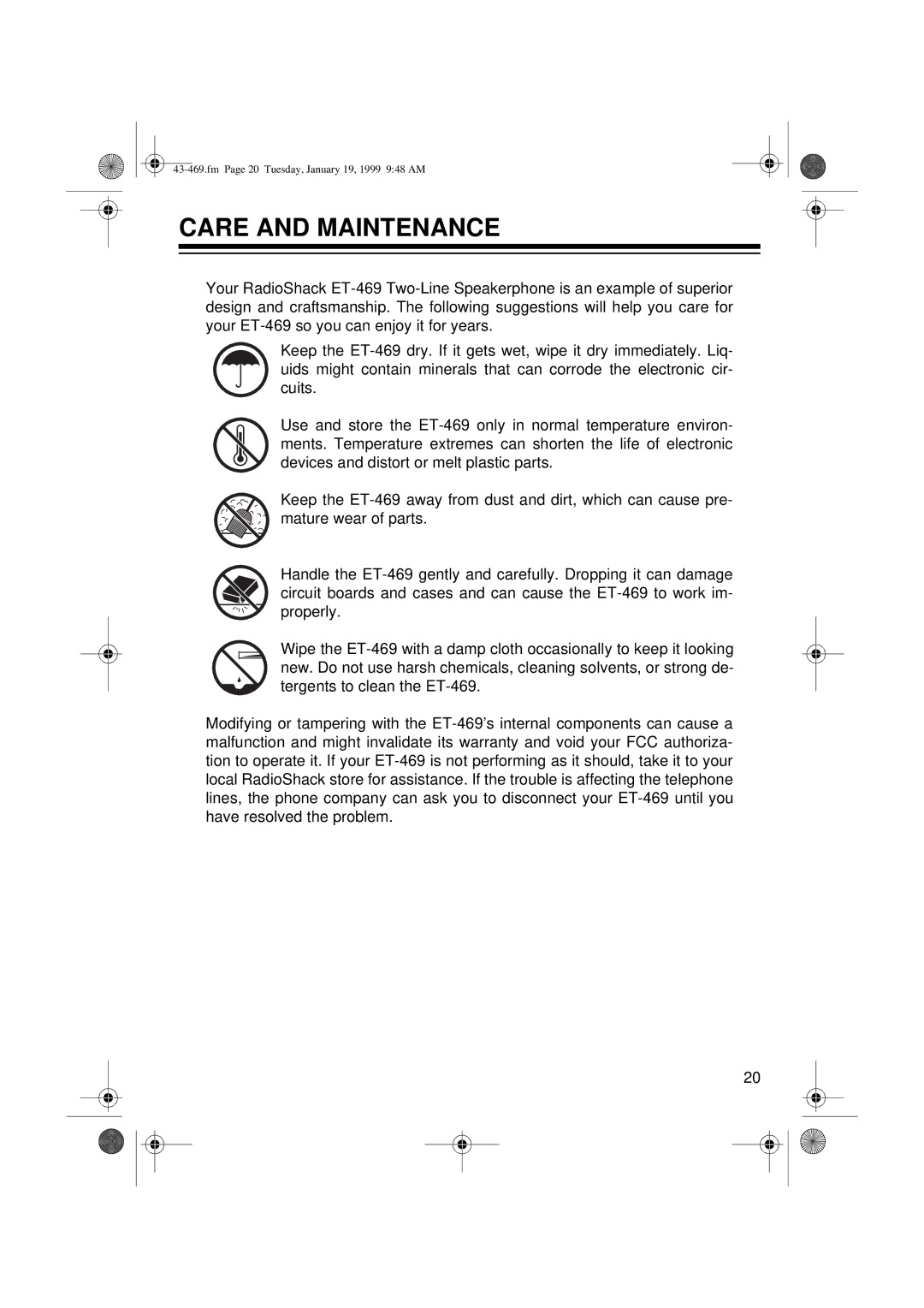 Radio Shack ET-469 owner manual Care and Maintenance 