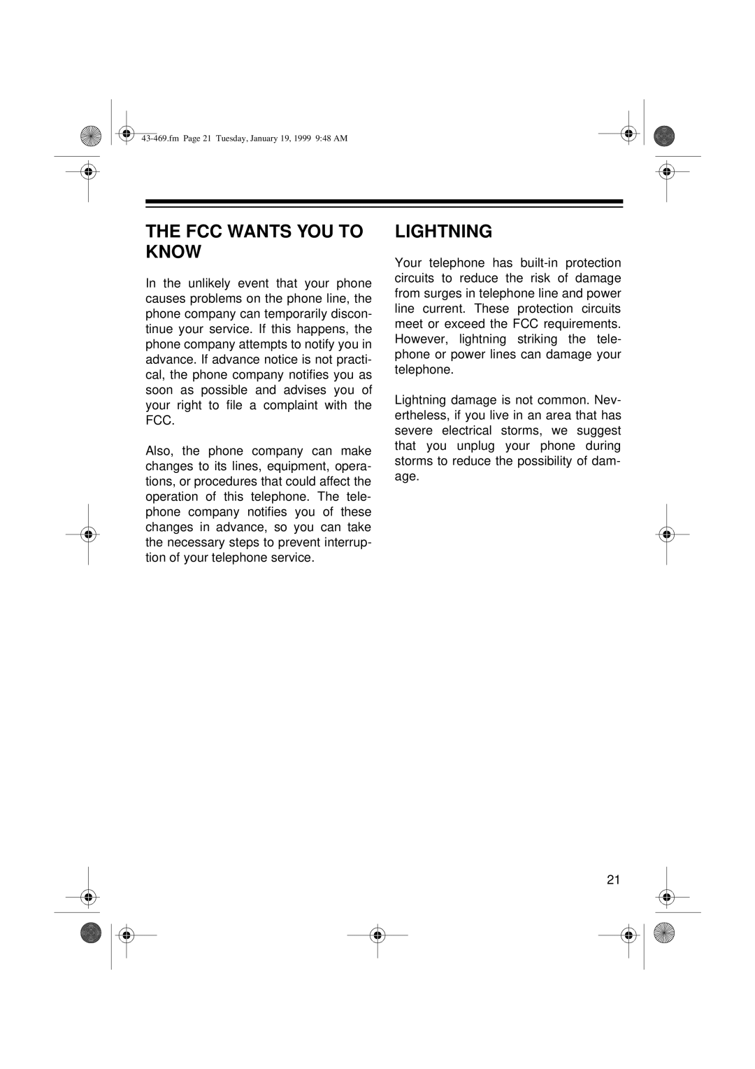 Radio Shack ET-469 owner manual FCC Wants YOU to Know, Lightning 