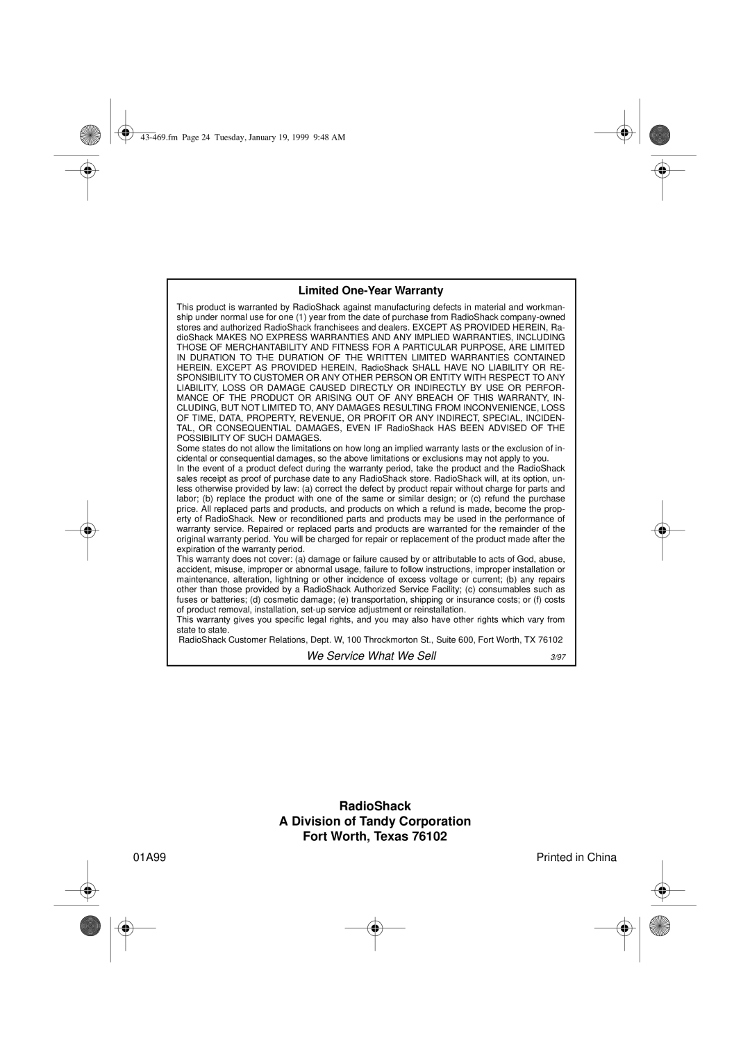 Radio Shack ET-469 owner manual RadioShack Division of Tandy Corporation Fort Worth, Texas 