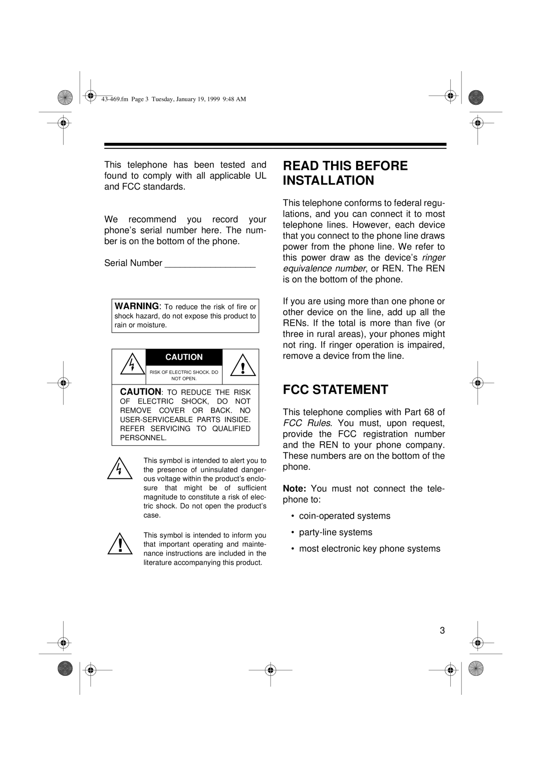 Radio Shack ET-469 owner manual Read this Before Installation, FCC Statement 