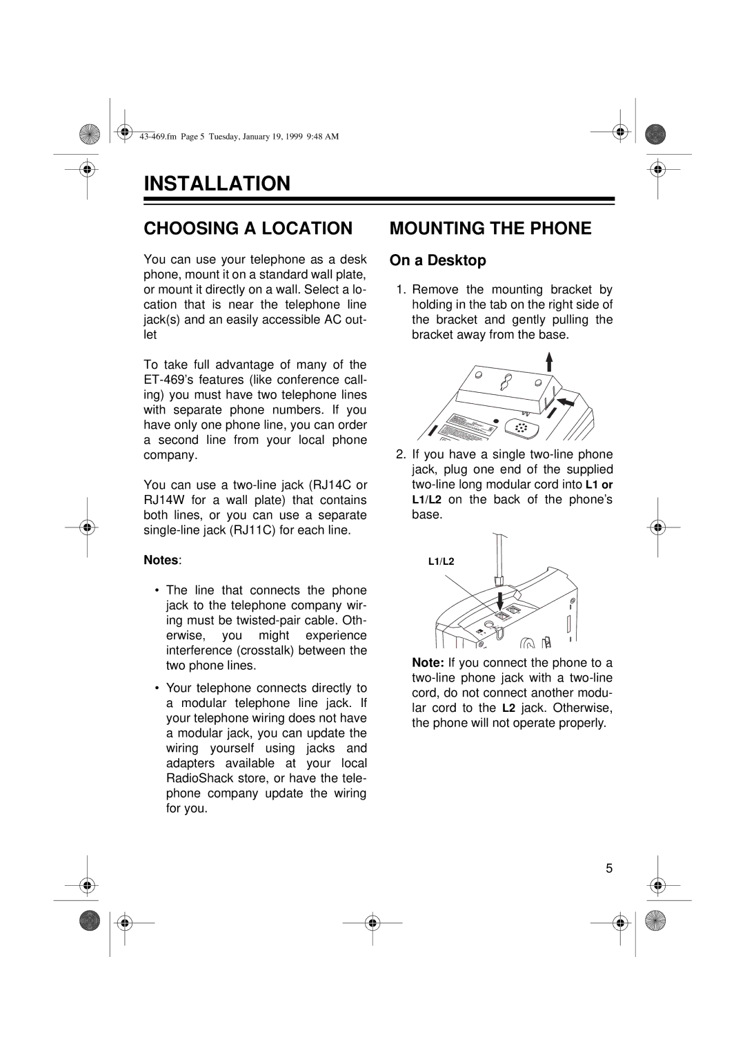 Radio Shack ET-469 owner manual Installation, Choosing a Location, Mounting the Phone, On a Desktop 