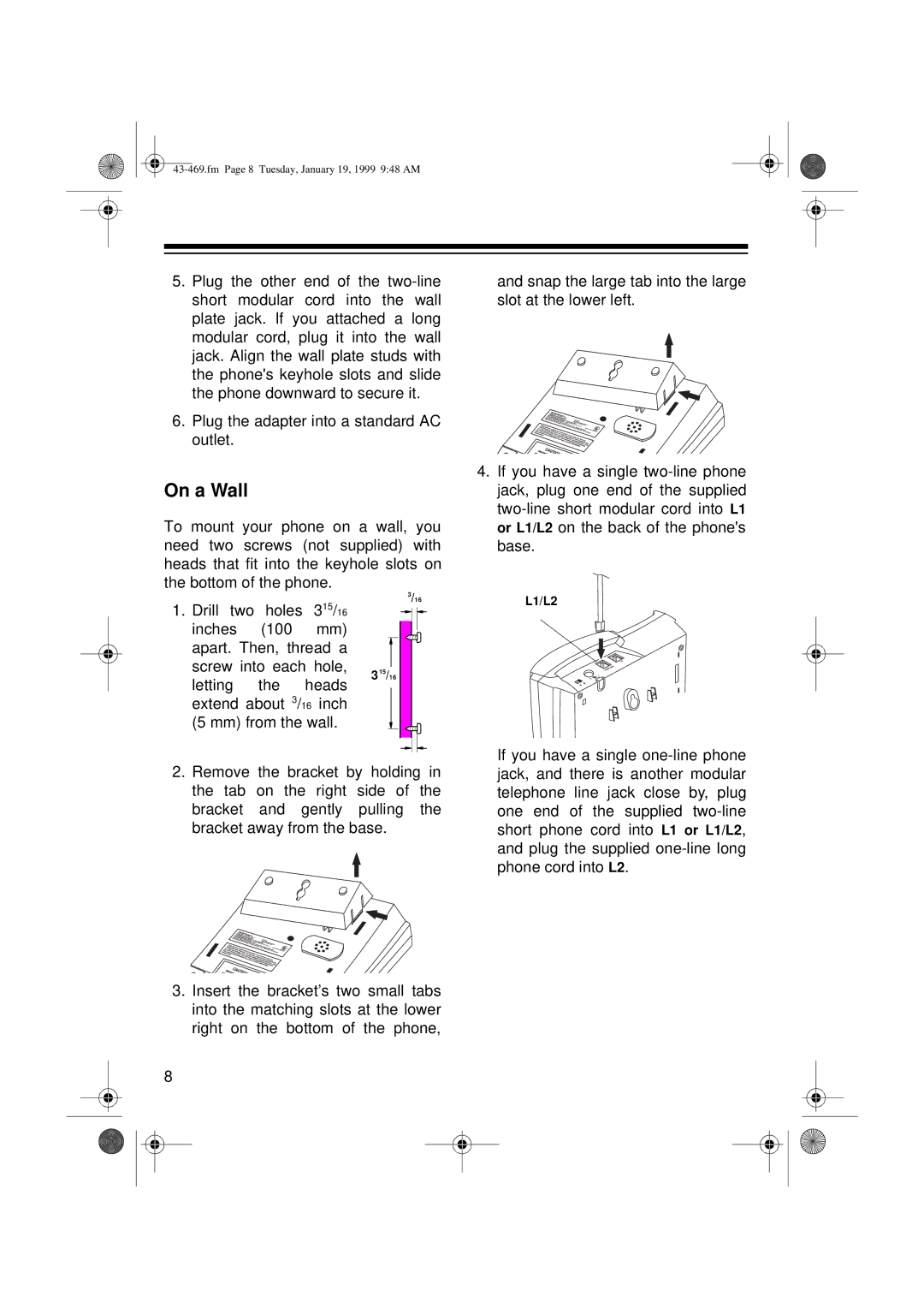 Radio Shack ET-469 owner manual On a Wall 