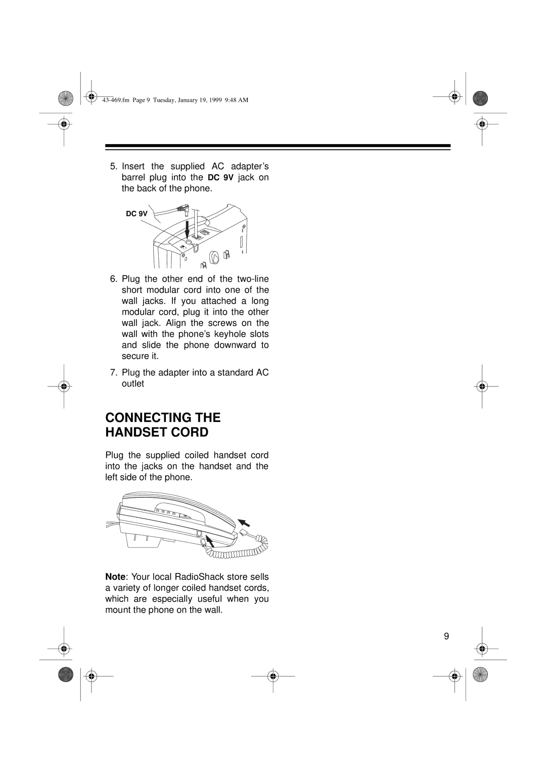 Radio Shack ET-469 owner manual Connecting Handset Cord 