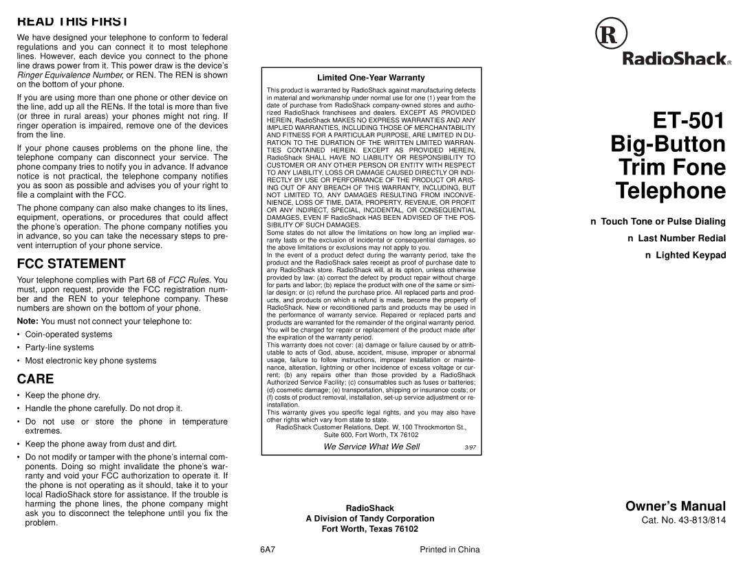 Radio Shack owner manual ET-501 Big-Button Trim Fone Telephone, Read this First, FCC Statement, Care 