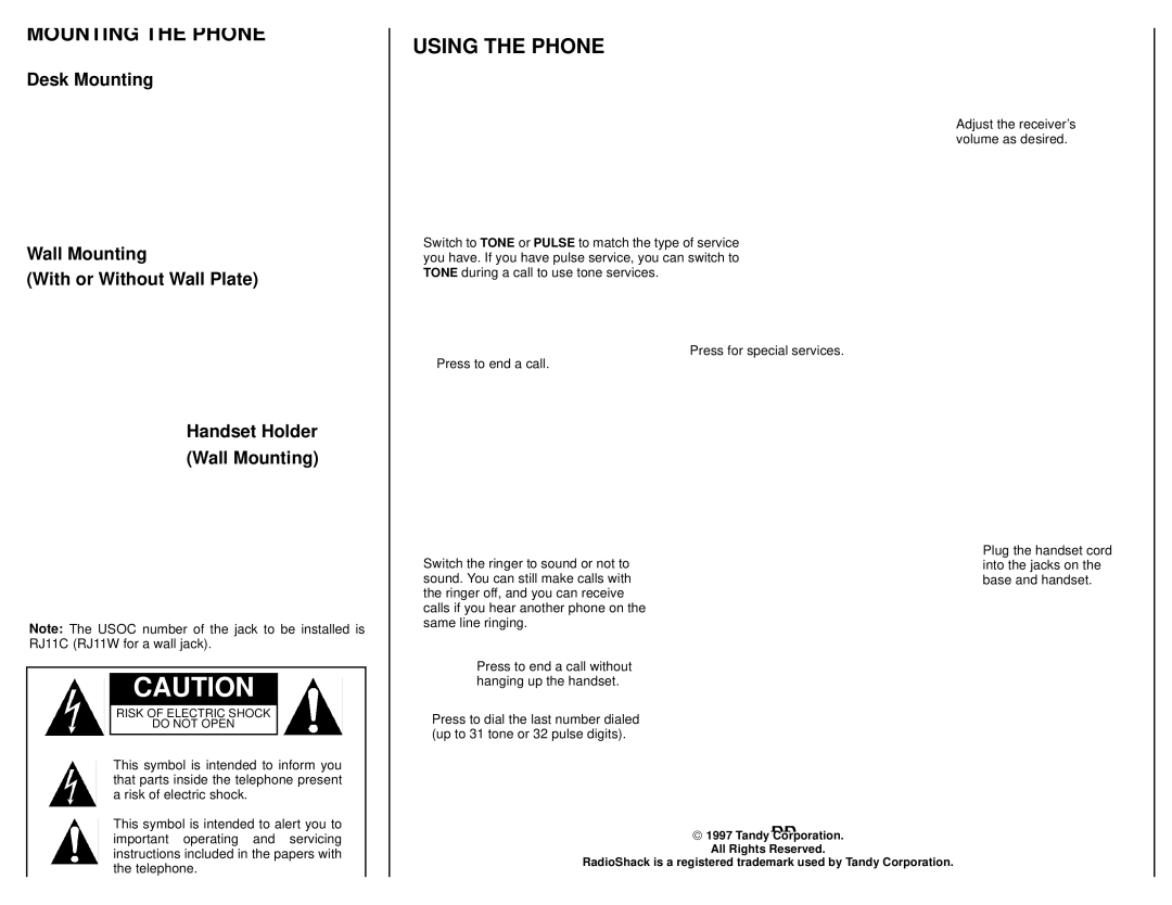 Radio Shack ET-501 owner manual Mounting the Phone, Using the Phone, Desk Mounting Wall Mounting With or Without Wall Plate 