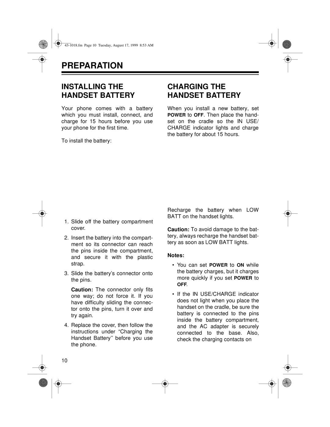 Radio Shack ET-518 owner manual Preparation, Installing the Handset Battery 