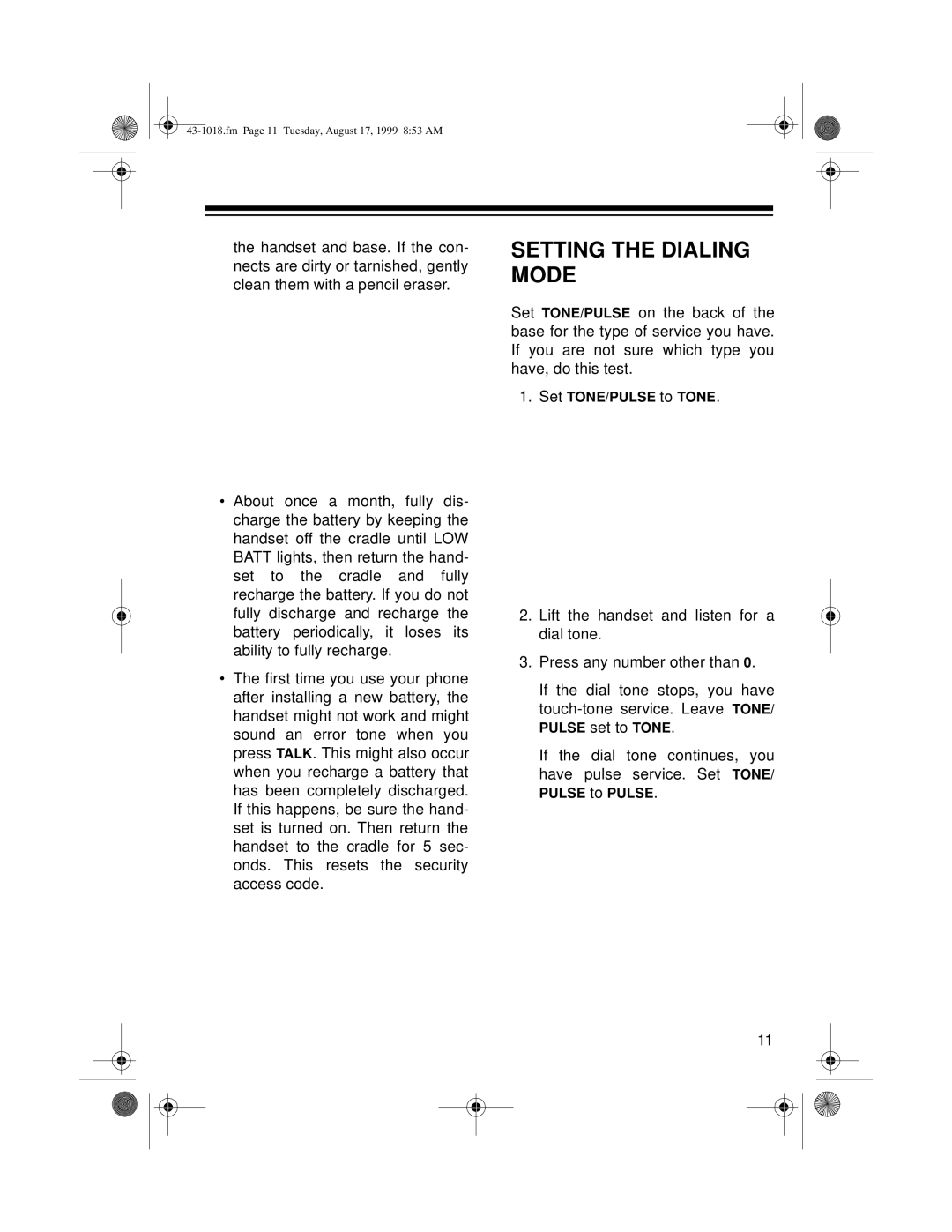 Radio Shack ET-518 owner manual Setting the Dialing Mode 