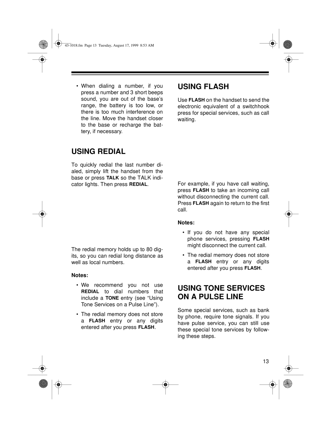 Radio Shack ET-518 owner manual Using Flash, Using Redial, Using Tone Services on a Pulse Line 